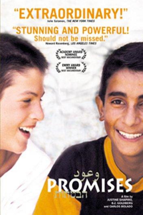 The poster features two young men smiling warmly against a soft, off-white background. The title "Promises" is prominently displayed in bold, white letters at the bottom, with the tagline "Extraordinary! Stunning and Powerful. Should not be missed" above it. The overall mood is cheerful and invit...
