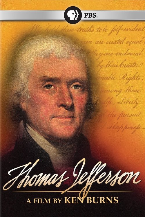 This TV show poster features a portrait of Thomas Jefferson with a serious expression against a warm, golden background. The text "Thomas Jefferson" is elegantly scripted in gold, while "A Film by Ken Burns" is written below in smaller letters. The overall mood is solemn and reflective, emphasizi...