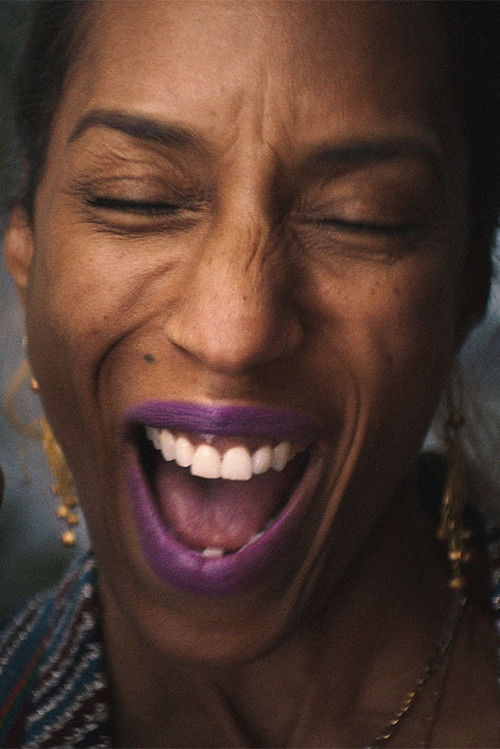 The poster features a joyful African American woman laughing heartily, her eyes closed in pure delight. Vibrant purple lipstick and warm skin tones create a striking contrast against her dark hair. The mood is one of pure happiness and connection, capturing the essence of friendship and shared la...