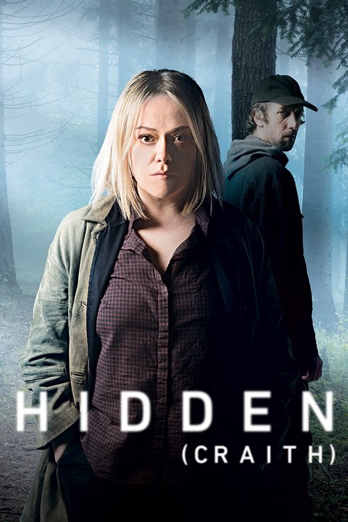 The poster features a woman with blonde hair in the foreground, wearing a casual jacket over a plaid shirt, with a man in a cap in the background. The muted forest colors and soft lighting create a mysterious and suspenseful mood, hinting at a thrilling adventure.