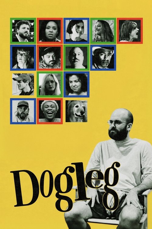 The poster features a collage of black-and-white portraits against a vibrant yellow background, evoking a sense of mystery and intrigue. The bold, stylized title "Dogleg" dominates the lower section, while the central figure of a man with a beard and a relaxed posture adds a human element to the ...