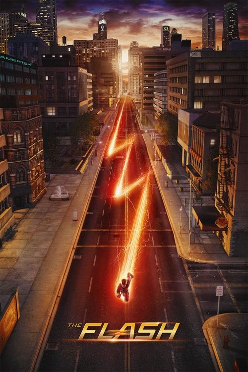 This vibrant poster captures the electrifying energy of "The Flash" with a dynamic cityscape backdrop. The Flash, clad in his iconic red and blue suit, dashes down a neon-lit street, leaving streaks of electric light behind. The warm sunset hues and urban architecture evoke a sense of action and ...
