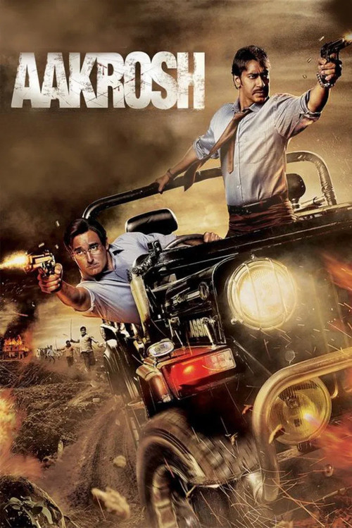 The poster features two men in action poses against a fiery, chaotic background. One man in a white shirt holds a gun, while another points a weapon forward. The scene is filled with intense colors like reds, oranges, and yellows, conveying urgency and danger. The title "Aakrosh" is prominently d...