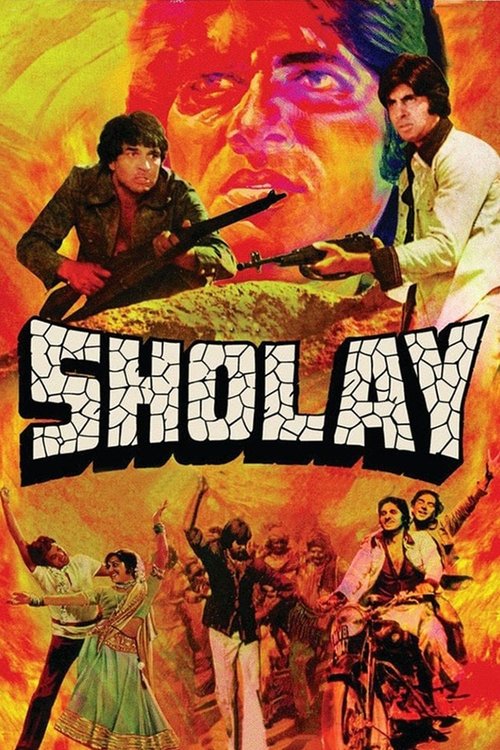 The poster features a fiery, intense scene with two men in the foreground, one holding a rifle, and another in a white jacket. Below them, a group of people in colorful traditional attire are depicted, suggesting a lively and dynamic atmosphere. The bold, cracked font spelling "SHOLAY" dominates ...