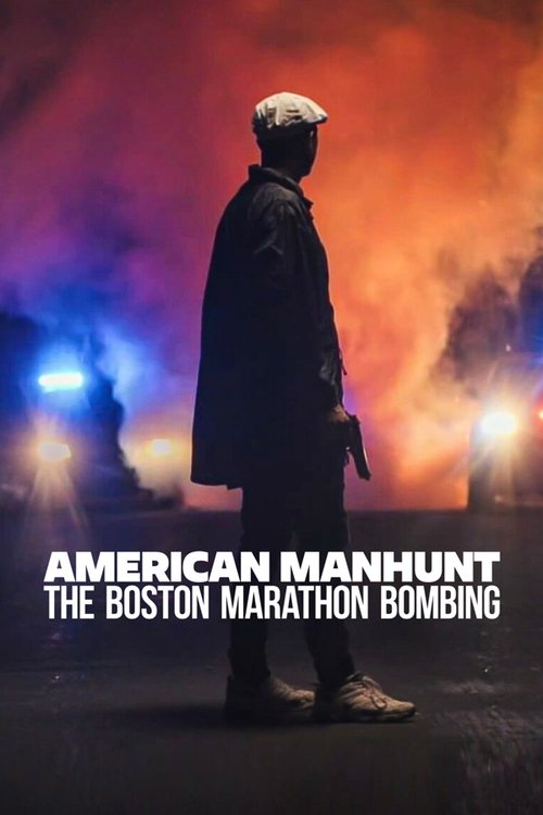 The poster features a lone figure in a dark coat standing against a fiery backdrop, evoking suspense and danger. The intense colors of orange and red suggest chaos and destruction, while the silhouette of the person adds a sense of mystery and isolation. The title "American Manhunt" hints at a th...
