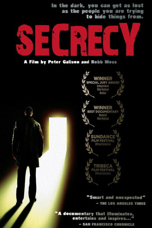 The poster features a shadowy figure in a dark suit against a bright doorway, evoking mystery and suspense. The title "Secrecy" is prominently displayed in bold red letters, with laurel wreaths indicating awards. The overall dark and moody atmosphere suggests a thriller or drama with an intriguin...