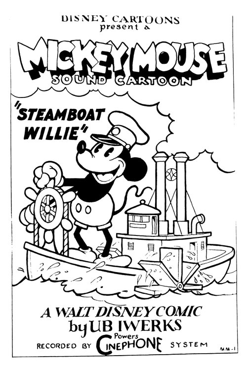 This vintage comic poster features Mickey Mouse in a sailor hat, joyfully riding a steamboat. The bold, black-and-white design captures the classic cartoon era with its playful, energetic mood.