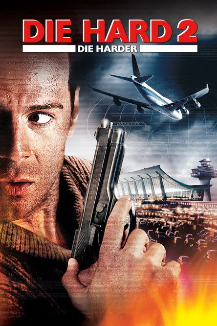 The poster features a gritty, intense scene with a man in a brown jacket holding a gun, set against a backdrop of a burning cityscape and an airplane. The fiery orange and red hues convey urgency and danger, while the dark tones of the background suggest a high-stakes action movie atmosphere.