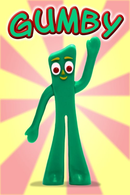 The poster features the beloved green Gumby character against a vibrant pink and yellow sunburst background. His cheerful expression and friendly pose convey a warm, inviting mood that captures the show's playful spirit.