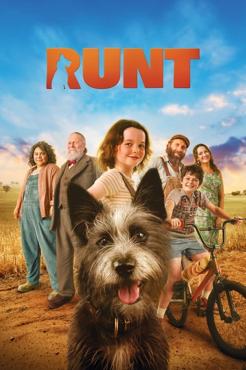 The movie poster features a cheerful group of people and a fluffy dog in a sunny, open field. The warm colors of the sky and the bright clothing create a joyful and inviting atmosphere.