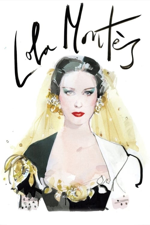 The poster features a glamorous woman with elegant hair and red lips, wearing a black dress with gold embellishments. The name "Lola Montès" is written in a stylish script at the top. The overall mood is sophisticated and artistic, with a focus on beauty and elegance.