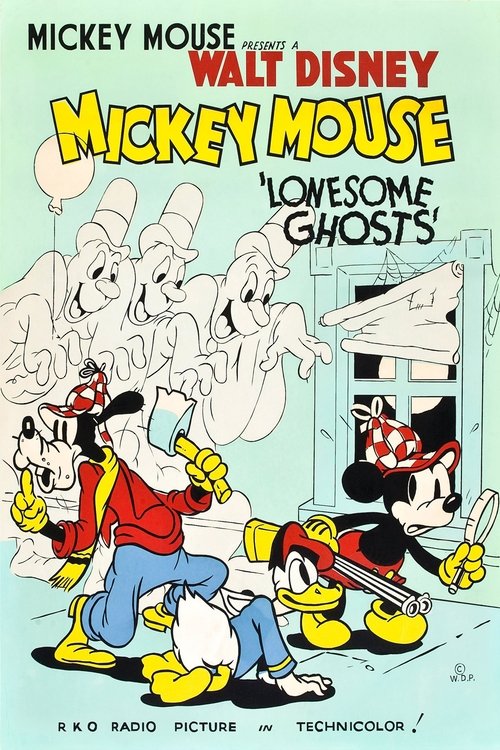 This vibrant Mickey Mouse poster depicts a chaotic scene with Mickey, Donald, and Goofy in red and blue outfits, surrounded by ghostly figures. The poster features bright colors like red, blue, and yellow, creating an energetic and humorous atmosphere. The title "Lonesome Ghosts" is prominently d...