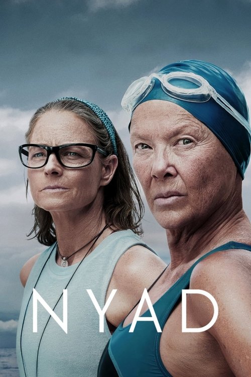 The poster features two determined women in swimwear against a dramatic sky, with the title "NYAD" prominently displayed. The cool blues and greens evoke a sense of intensity and determination, capturing the essence of competitive swimming.