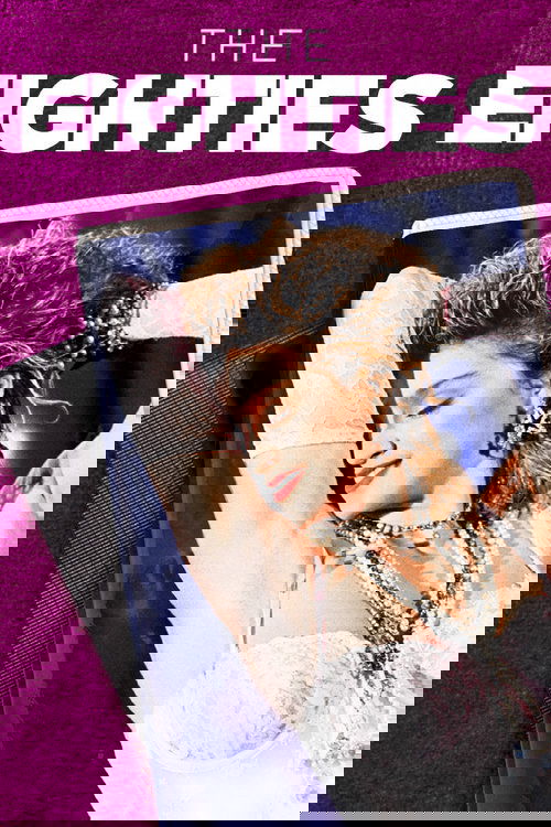 The poster features a glamorous woman with curly hair adorned with a flower crown, wearing a sparkling necklace and holding a white rose. The background is a deep purple, and the title "THE EIGHTIES" is prominently displayed in bold white letters at the top. The overall mood is romantic and nosta...