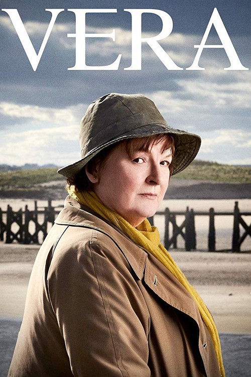 The poster features Vera, a woman in a beige trench coat and yellow scarf, wearing a hat against a serene coastal backdrop. The muted tones of her clothing contrast with the vibrant yellow scarf, creating a warm yet contemplative mood. The soft lighting and distant horizon evoke a peaceful, refle...