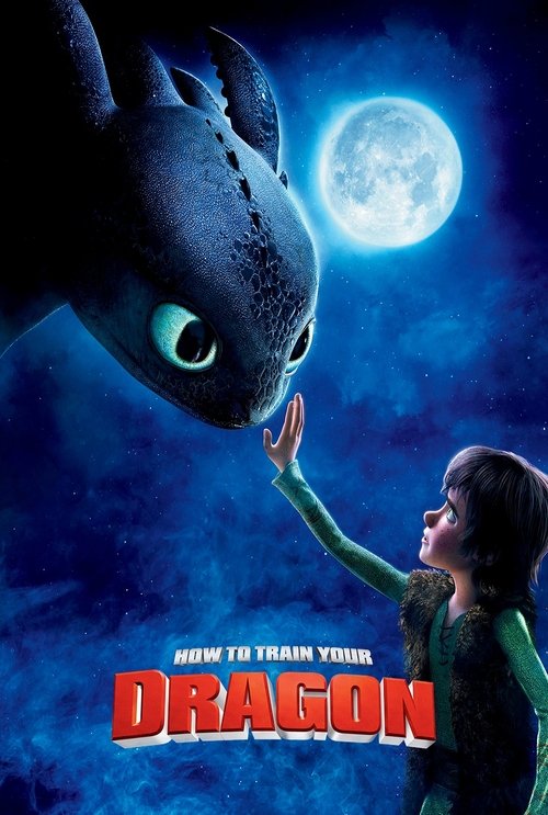 The poster features a young girl reaching out to a menacing black dragon, set against a starry night sky with a glowing moon. The vibrant red title text contrasts sharply with the cool blue tones, creating a dramatic and adventurous mood.