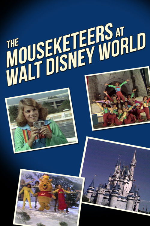 The poster features vibrant scenes of children enjoying Disney World attractions, with bright colors like reds, blues, and greens creating a lively atmosphere. The playful mood is conveyed through the joyful expressions of the characters and the bustling environment, capturing the essence of a fu...