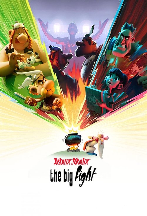 The poster features Asterix and Obelix in action against a backdrop of vibrant colors—greens, reds, and purples. The scene captures a dynamic fight scene with characters in mid-motion, conveying excitement and action. The bright yellow glow at the bottom adds energy and drama, emphasizing the epi...