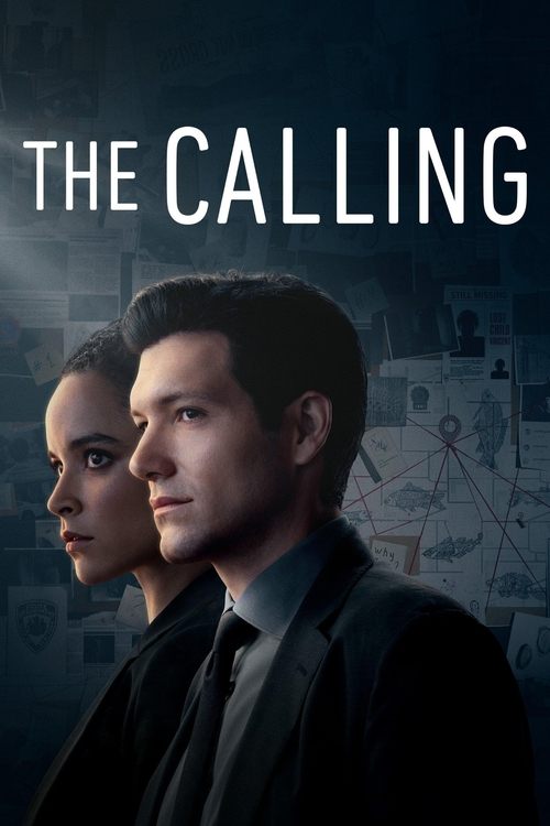 The Call poster features a dramatic, moody scene with two men in formal attire against a dark, atmospheric background. The cool blues and blacks evoke a sense of mystery and tension, while the men's serious expressions hint at the suspenseful drama of the show.