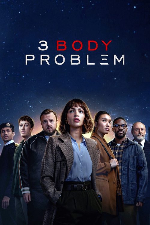 The poster features a group of six characters standing against a starry night sky, evoking mystery and intrigue. The central figure, with a concerned expression, stands out while others look serious or contemplative. The warm tones of their clothing contrast with the cool blue background, creatin...