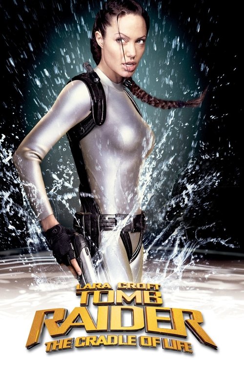 The poster features Lara Croft in a sleek, silver tactical suit against a dramatic backdrop of swirling green and black hues. Water splashes around her, adding motion and energy. The title "TOMB RAIDER: THE CRADLE OF LIFE" is prominently displayed in bold, metallic gold lettering. The overall moo...