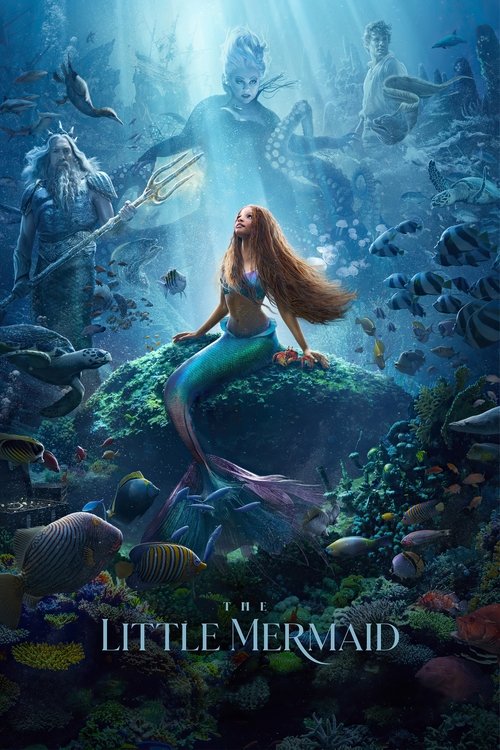 The poster features a mermaid with golden hair and a blue tail, surrounded by colorful coral and fish. In the background, a mysterious figure with a sword looms over the scene, while other characters float nearby. The underwater setting is bathed in soft blue light, creating an enchanting and mys...