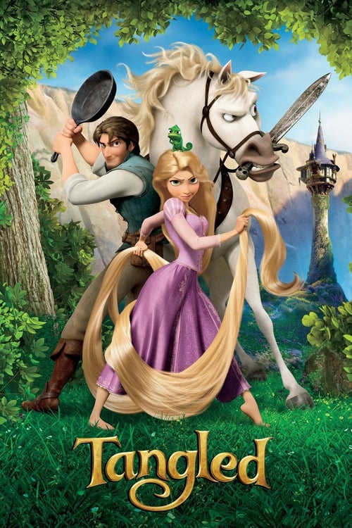 The poster features a vibrant purple princess in a flowing gown, surrounded by lush greenery and magical elements. A white horse with a rider stands prominently in the background, while another character with a hat adds to the enchanting atmosphere. The title "Tangled" glows warmly at the bottom,...