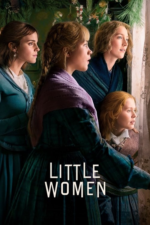 The poster features four women in period costumes, each with a distinct color palette—teal, purple, blue, and brown. They stand in a contemplative pose, gazing toward the right, evoking a sense of mystery and historical drama. The title "Little Women" is prominently displayed in white text at the...