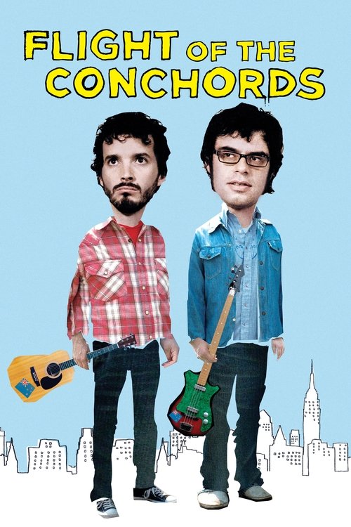 The poster features two musicians with distinctive hairstyles and clothing, one in a red plaid shirt and the other in a denim jacket. They stand against a light blue background with a city skyline silhouette at the bottom. The title "Flight of the Conchords" is prominently displayed in bold yello...