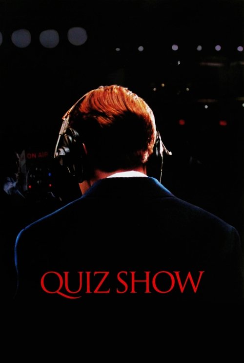 The poster features a silhouette of a person with reddish hair, wearing headphones, against a dark background with faint stage lights. The title "QUIZ SHOW" is prominently displayed in bold red letters at the bottom. The overall mood is mysterious and suspenseful, suggesting an intriguing mystery...