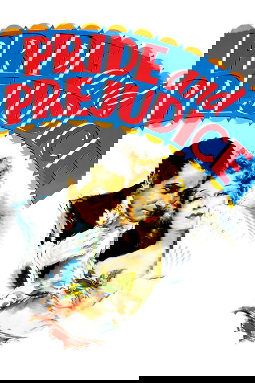 The poster features a romantic couple in a classic 1920s style, with the title "PRIDE and PREJUDICE" prominently displayed in bold red letters against a blue background. The warm, nostalgic colors evoke a timeless romance, capturing the essence of the film's romantic drama.