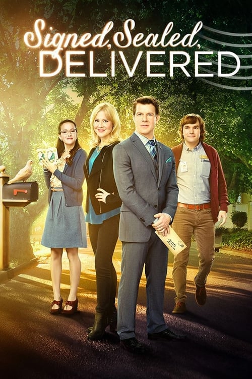 The poster features four characters in a warm, golden-lit outdoor setting, exuding a cheerful and inviting mood. The title "Signed, Sealed, Delivered" is prominently displayed at the top in elegant script. The characters are dressed in stylish, colorful outfits that complement the sunny atmospher...