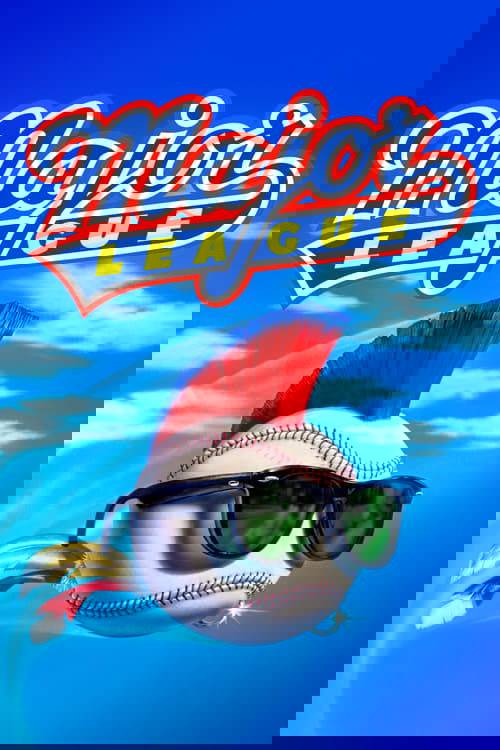 The poster features a baseball player with a red mohawk and sunglasses against a bright blue sky. The bold, stylized title "Major League" dominates the top, evoking a fun, energetic, and competitive atmosphere.