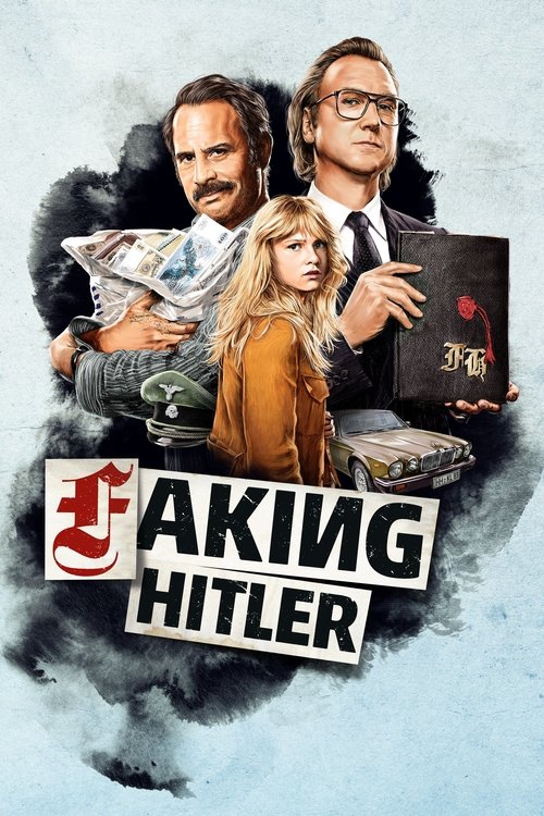 The poster features a dramatic scene with three characters: a man in a suit holding a newspaper, a woman in a brown jacket, and a man in glasses holding a book. The colors are muted with dark tones and a hint of blue, creating a somber mood. The title "AKING HITLER" is prominently displayed in bo...