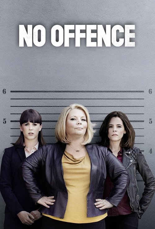 The poster features three women in a courtroom setting, with one woman in the center wearing a yellow top and black jacket, flanked by two women in dark clothing. The muted gray background and stark white text "NO OFFENCE" convey a serious, investigative tone.