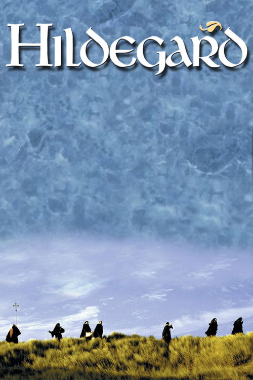 The poster features silhouetted figures standing on a grassy hill under a vast, ethereal blue sky. The title "Hildegard" is elegantly displayed in white serif font at the top. The mood is serene and mysterious, evoking a sense of timeless peace and wonder.