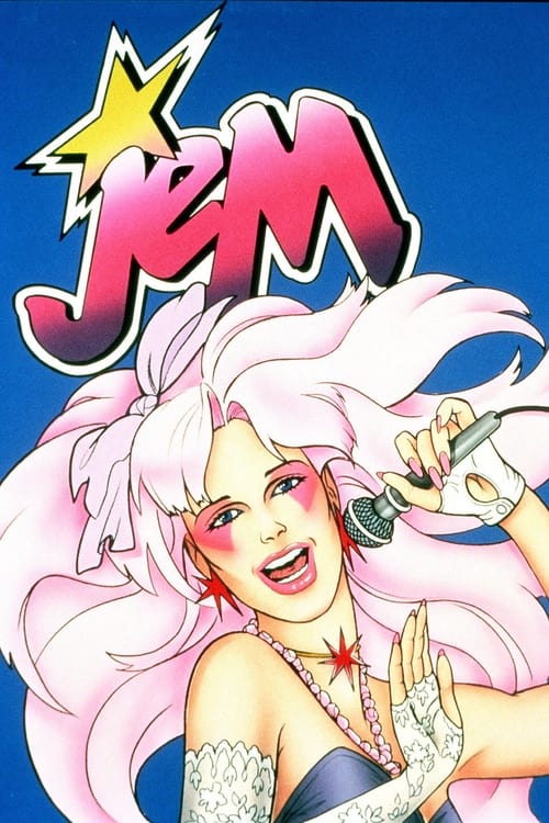 The vibrant poster features a dynamic anime-style character with flowing pink hair and a confident expression, holding a microphone. The bold, colorful "JEM" logo in pink and purple dominates the top, set against a bright blue background. The energetic composition conveys excitement and adventure...