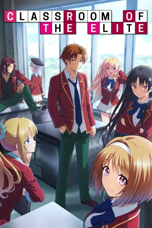 The poster features a vibrant classroom scene with students in colorful uniforms, creating a lively and energetic atmosphere. The warm lighting enhances the cheerful mood, while the diverse group of characters adds to the dynamic feel of the show.