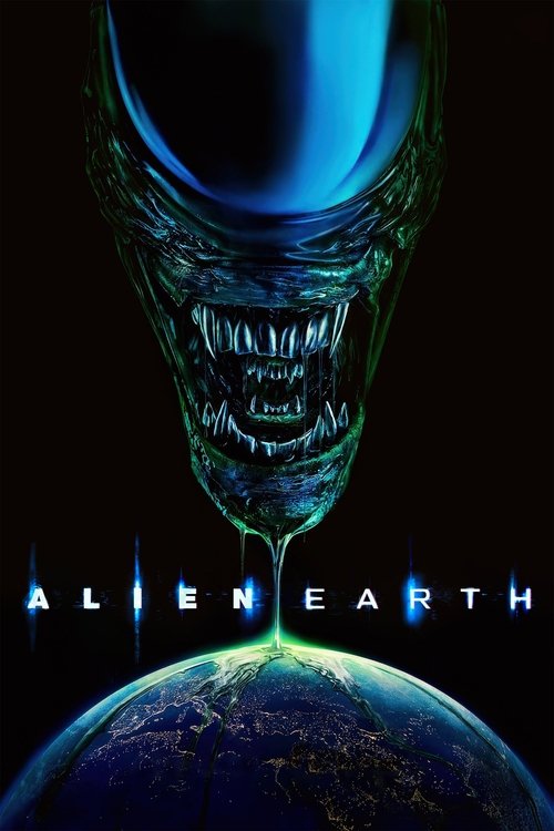 The poster features a menacing skull-like figure with glowing blue eyes and sharp teeth, looming over a dark planet. The title "ALIEN EARTH" is prominently displayed in metallic letters. The overall mood is eerie and ominous, evoking a sense of danger and mystery.