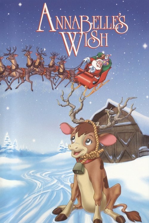 A charming winter scene features a reindeer carrying a Santa Claus figure in a sleigh atop a snowy hill. The poster captures a whimsical, magical atmosphere with warm colors like reds and browns against a cool blue sky.