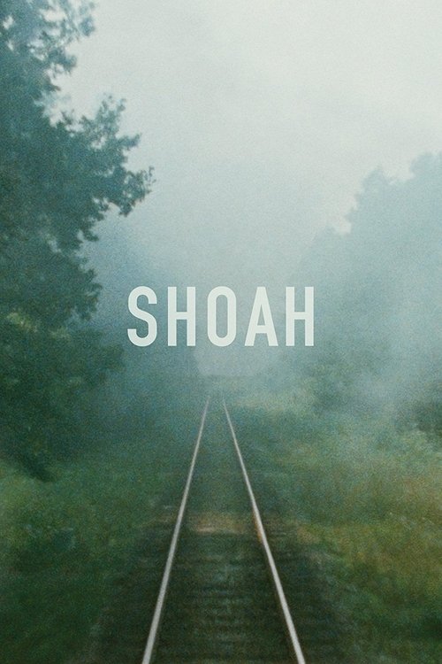 The poster features a misty, foggy railway track stretching into the distance, evoking a sense of mystery and introspection. The muted green and gray tones of the foliage and tracks create a somber yet hopeful atmosphere. The word "SHOAH" is prominently displayed in bold white letters, suggesting...