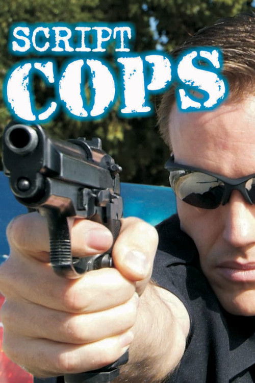 The poster features a gritty, intense scene with a man in sunglasses gripping a gun, evoking a noir atmosphere. The bold, stylized title "SCRIPT COPS" in blue and white dominates the frame, suggesting a crime drama with a serious tone.