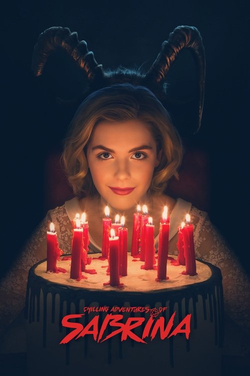 The poster features a young woman with cat ears, holding a cake with red candles and glowing lights, creating a spooky yet magical atmosphere. The dark background emphasizes the eerie mood, while the red candles and glowing candles evoke a sense of mystery and suspense.