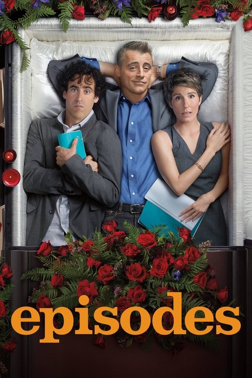 The poster features three characters in a vintage photo frame, exuding a nostalgic, slightly humorous mood. The warm tones of the red roses and the soft lighting enhance the cozy, retro atmosphere. The title "Episodes" in bold orange letters anchors the image, suggesting a collection of memorable...