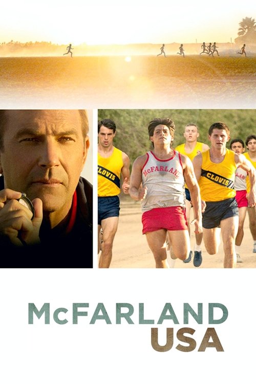The poster features a split image: a close-up of a serious man on the left and a group of athletes in yellow and red uniforms running on a sunny beach on the right. The warm golden light and energetic crowd create a sense of excitement and determination, while the bold title "McFarland USA" ancho...