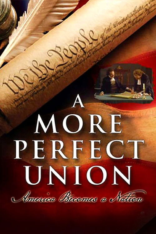 The poster features a dramatic scene of two men in period attire at a table, suggesting a political or historical setting. The warm, golden tones of the parchment background evoke a sense of history and tradition. The bold, white text of "A More Perfect Union" stands out against the rich red back...