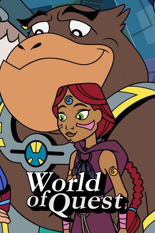 The poster features a vibrant scene with a large, expressive brown creature and a young girl with red hair and green eyes, both exuding a playful and adventurous mood. The title "World of Quest" is prominently displayed in bold, white lettering against the colorful background, emphasizing the sho...