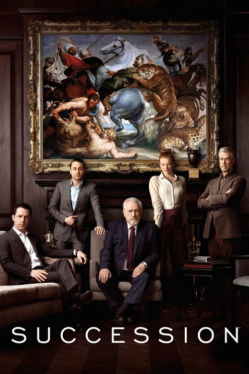 The poster features six men in formal suits against a backdrop of a grand, ornate painting depicting a dramatic battle scene. The muted, earthy tones of the room contrast with the rich, golden hues of the artwork, creating a somber yet powerful atmosphere. The title "Succession" is prominently di...