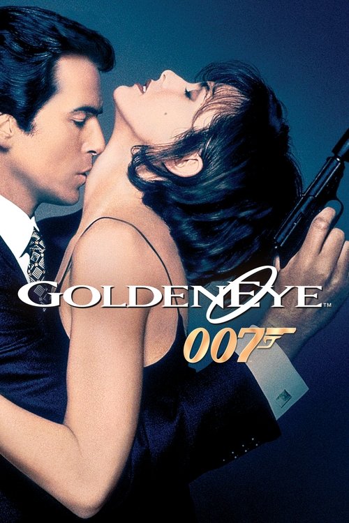 The poster features a dramatic scene with a man in a tuxedo and a woman in a black dress, both looking intensely at each other. The dark blue background enhances the moody atmosphere, while the golden "GoldenEye" logo adds a touch of mystery and intrigue.