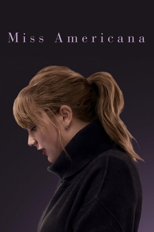 The poster features a woman with blonde hair tied in a ponytail, wearing a dark turtleneck sweater. Her expression is somber and contemplative, suggesting themes of introspection or melancholy. The muted, dark background enhances the emotional tone, while the title "Miss Americana" is subtly plac...